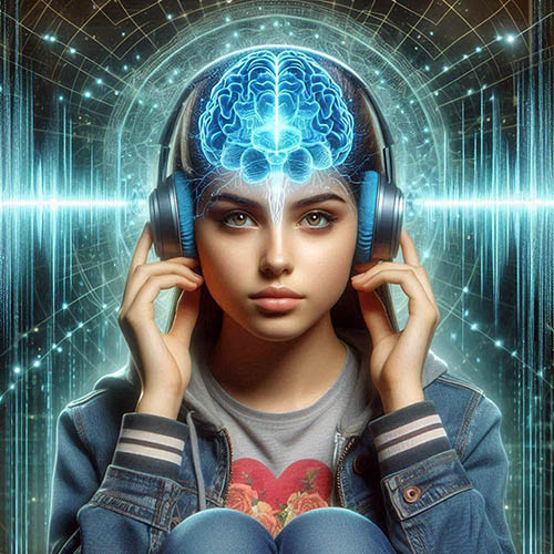 Girl with headphones showing sound waves and a brain x-ray overlay